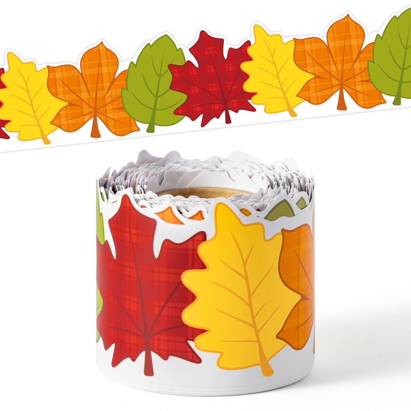 BeYumi Fall Leaves Border Trim - 65ft Fall Plaid Maple Leaves Shape Rolled Border Trim Autumn Thanksgiving Bulletin Board Colorful Harvest Party Decor School Classroom Office Chalkboard Decoration - Image 1